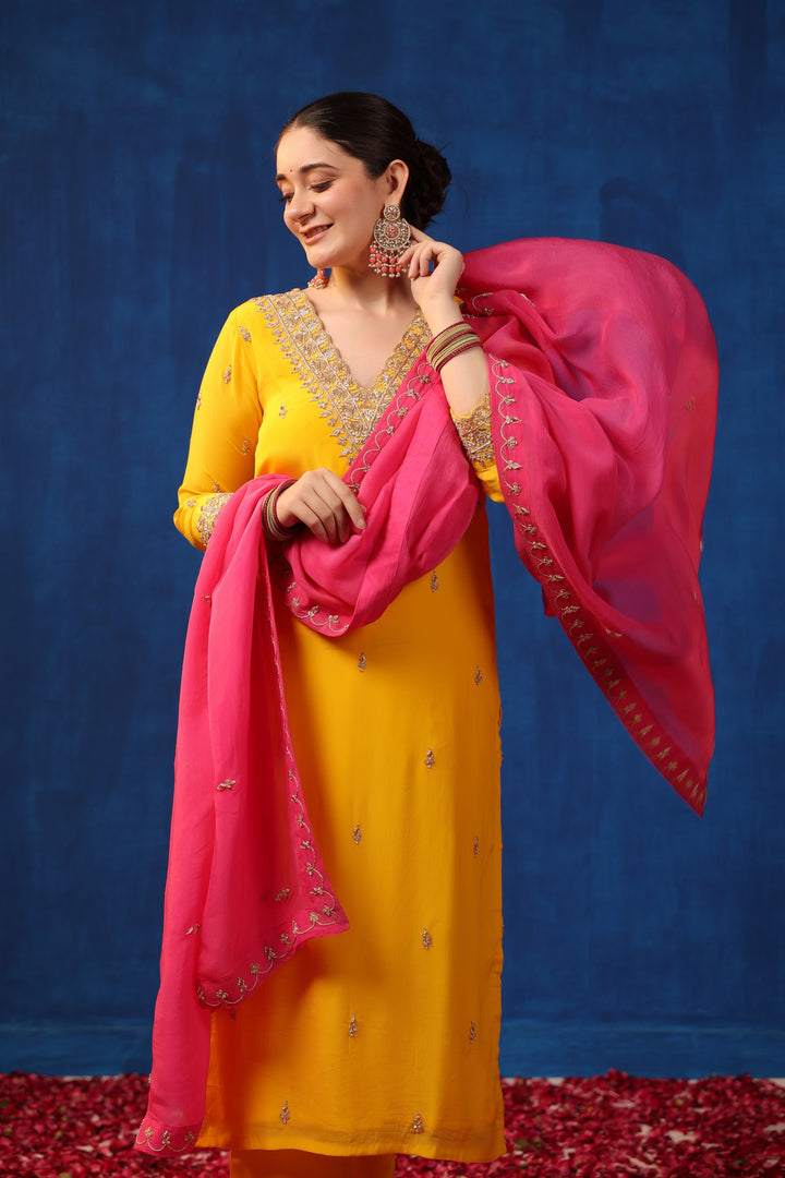 Yellow Crepe Zardozi Suit Set