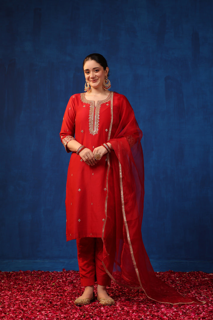 Red Chanderi Marodi Suit Set