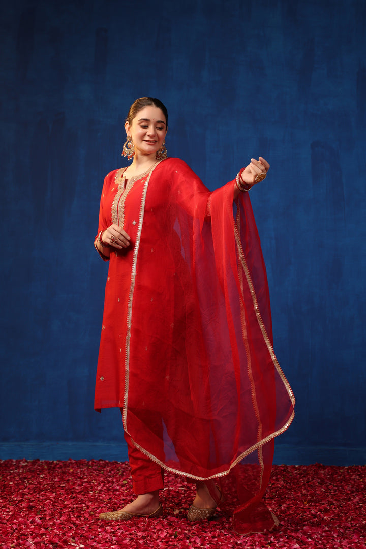 Red Chanderi Marodi Suit Set