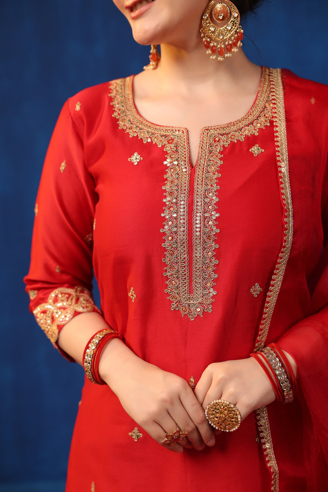 Red Chanderi Marodi Suit Set