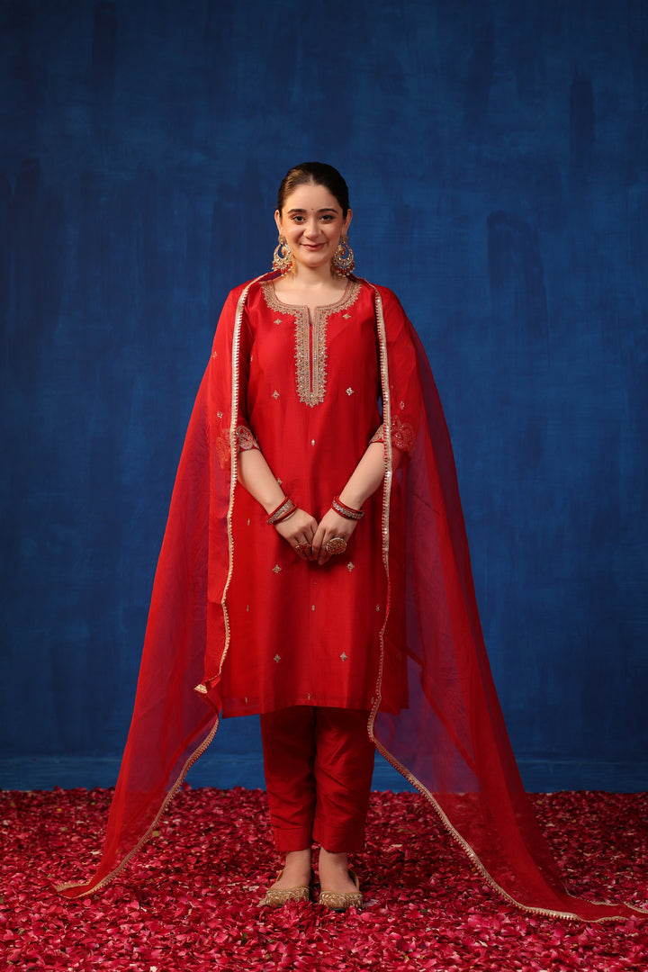 Red Chanderi Marodi Suit Set