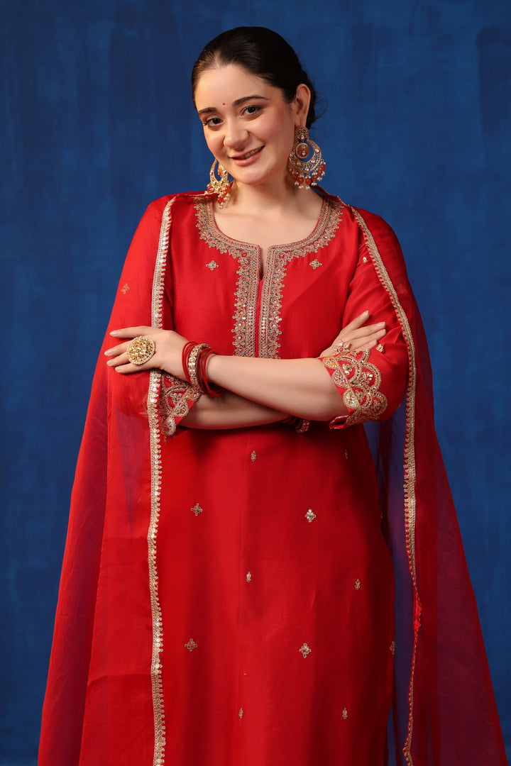 Red Chanderi Marodi Suit Set