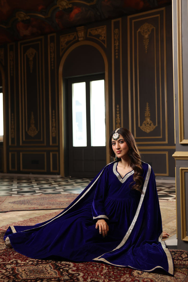 Royal Blue Anarkali Velvet Set