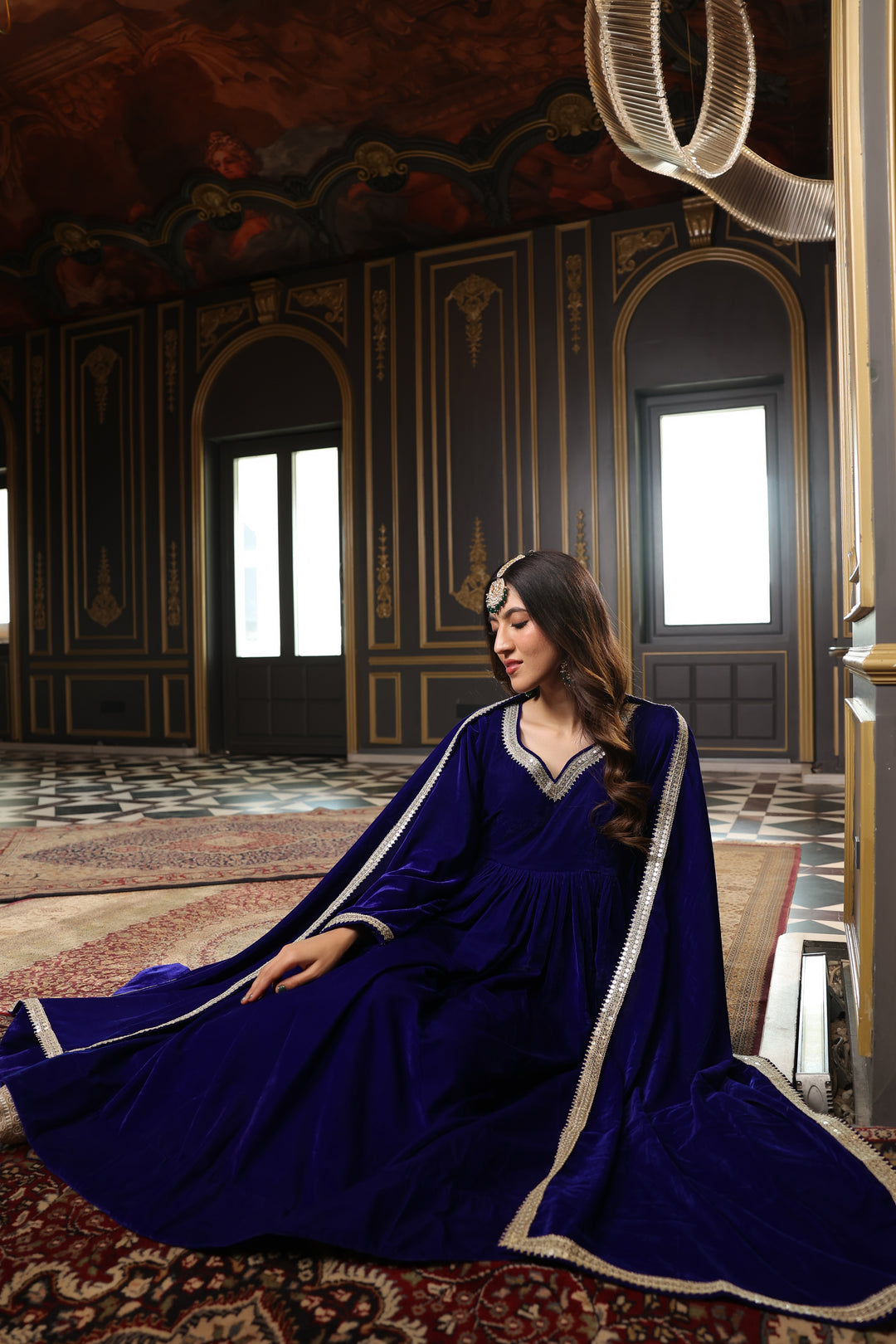 Royal Blue Anarkali Velvet Set