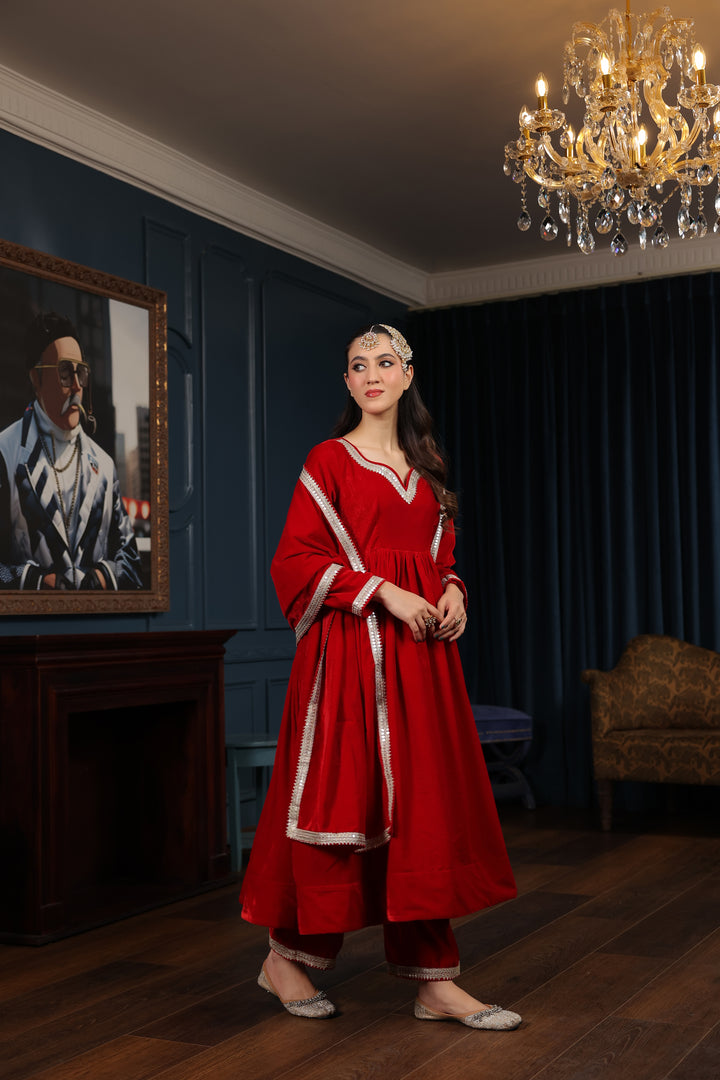 Red Velvet Anarkali Suit Set