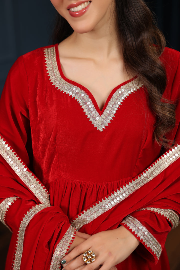 Red Velvet Anarkali Suit Set