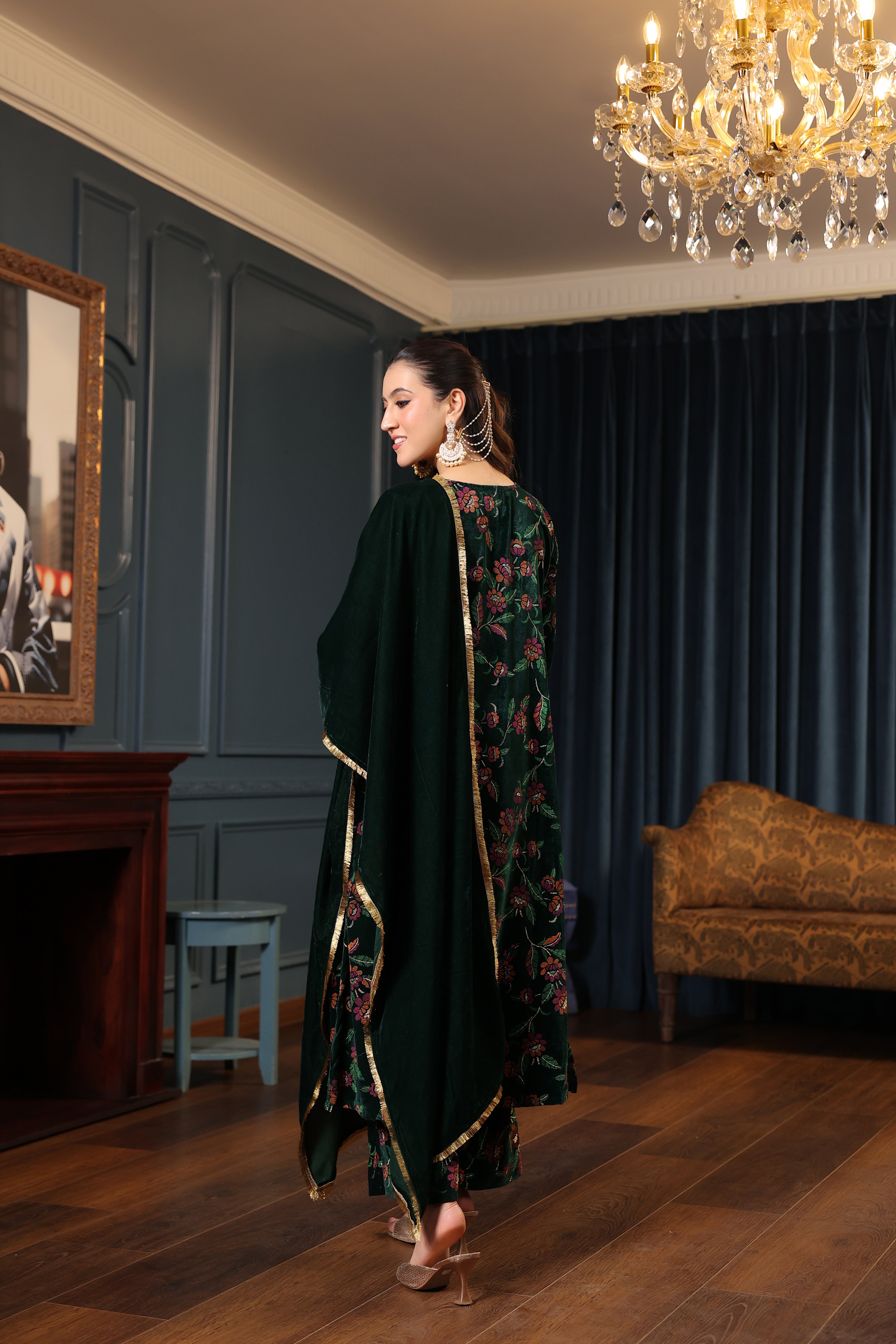 Dark Green Printed Velvet A-line Suit Set – DIMPLE DESIGN STUDIO