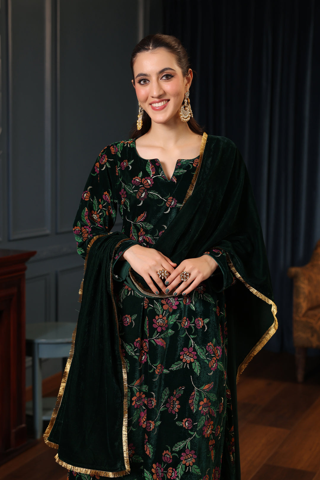 Dark Green Printed Velvet A-line Suit Set