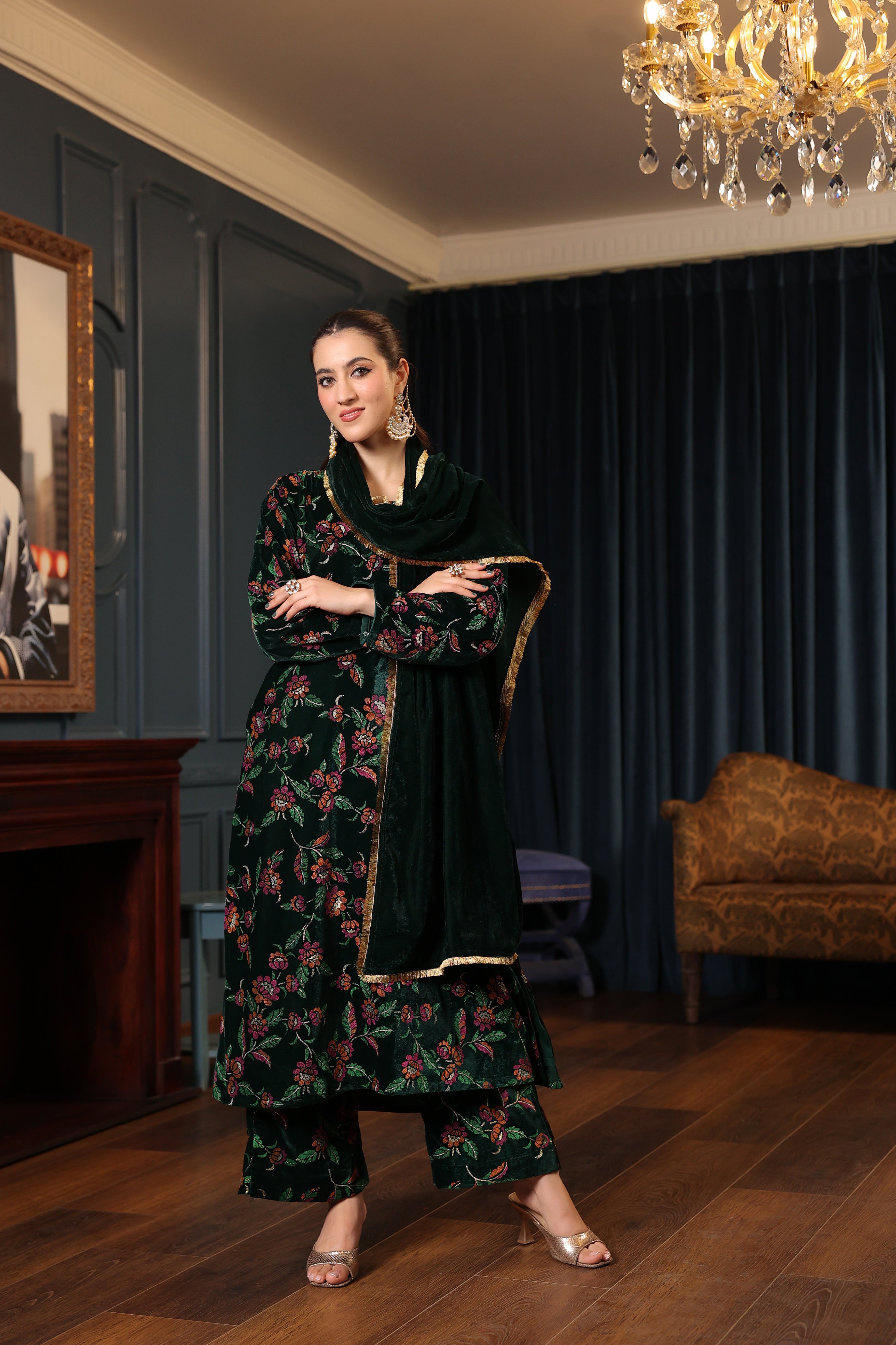 Dark Green Printed Velvet A-line Suit Set – DIMPLE DESIGN STUDIO