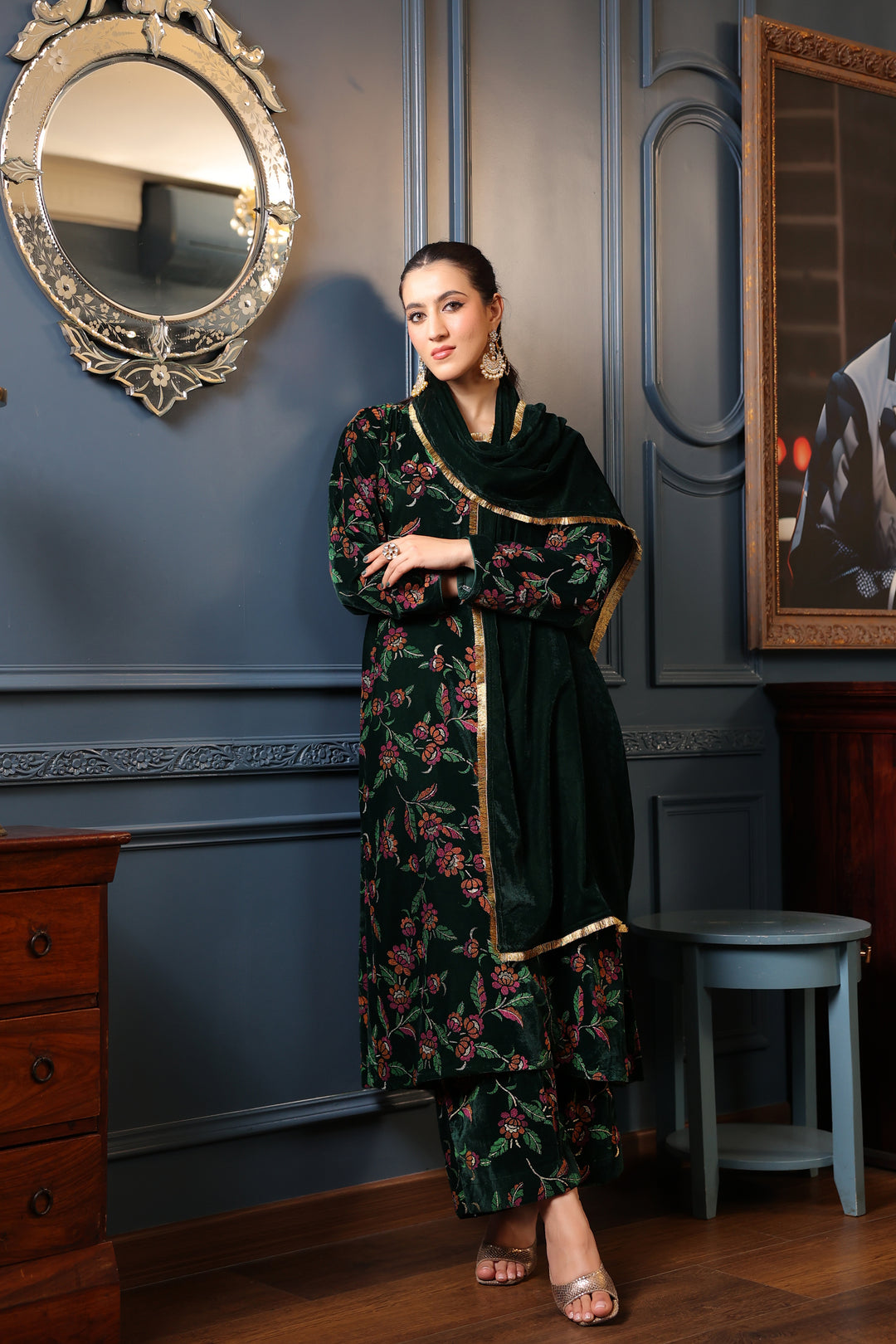 Dark Green Printed Velvet A-line Suit Set