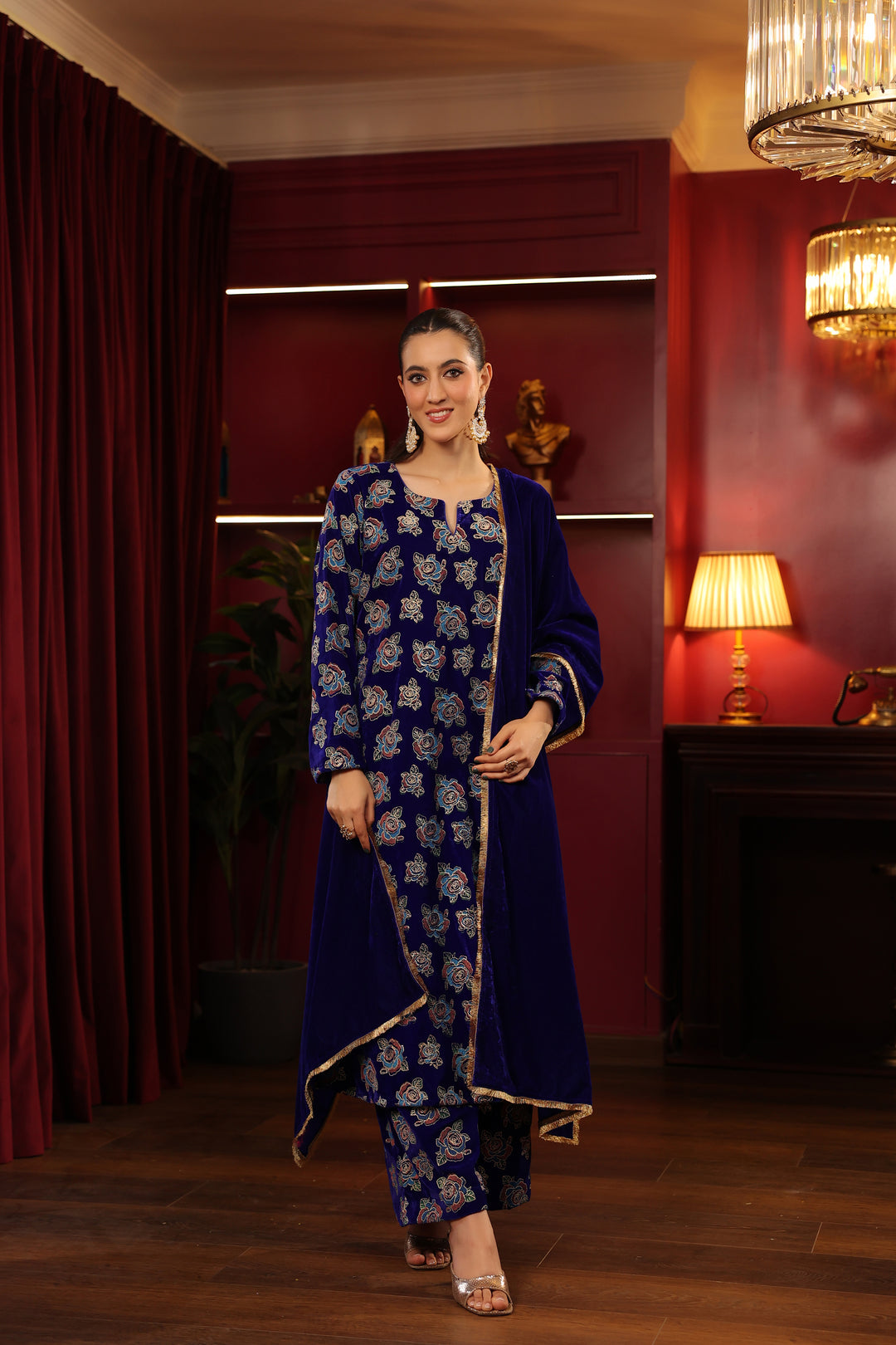 Royal Blue Printed A-line Suit Set