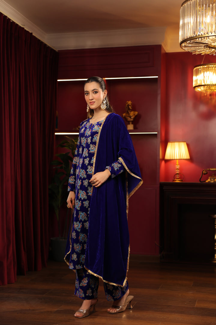 Royal Blue Printed A-line Suit Set