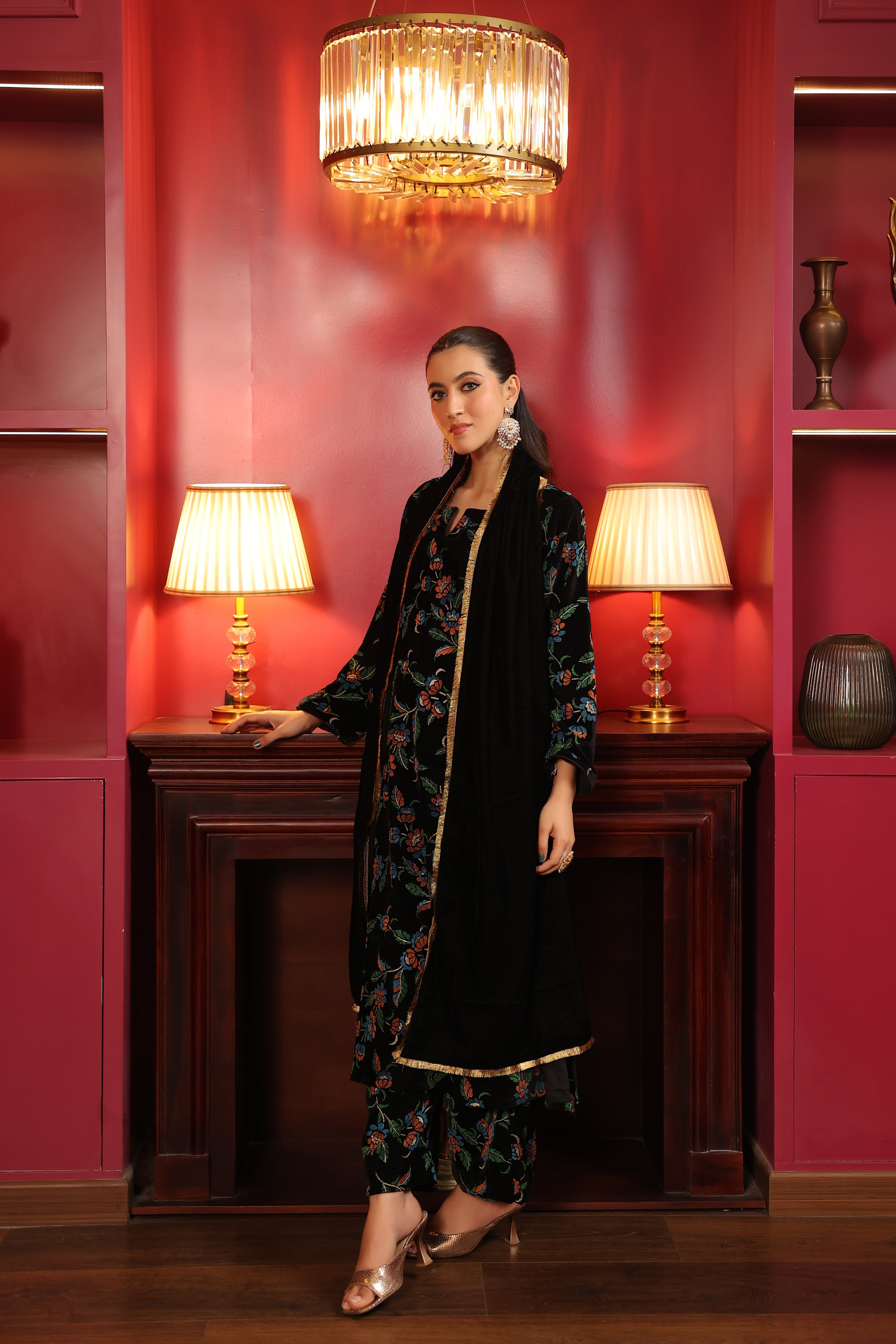 Black Green Printed Velvet A-line Suit Set – DIMPLE DESIGN STUDIO