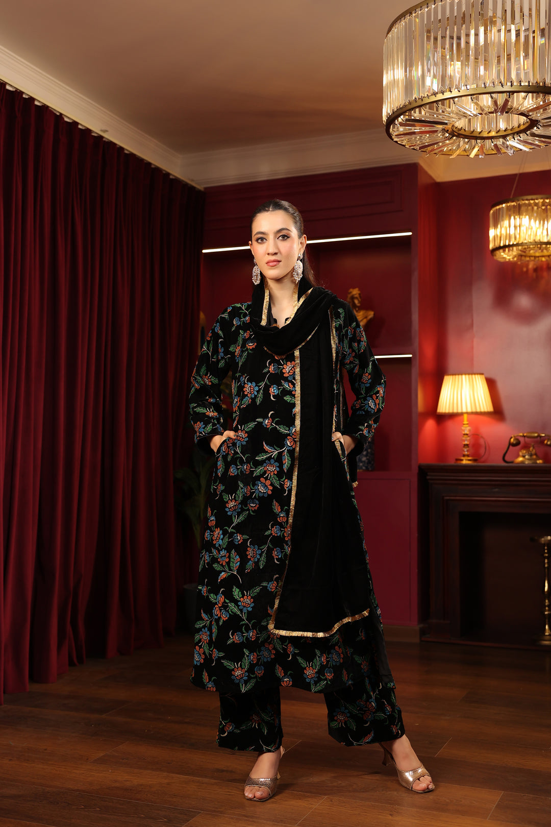 Black Green Printed Velvet A-line Suit Set