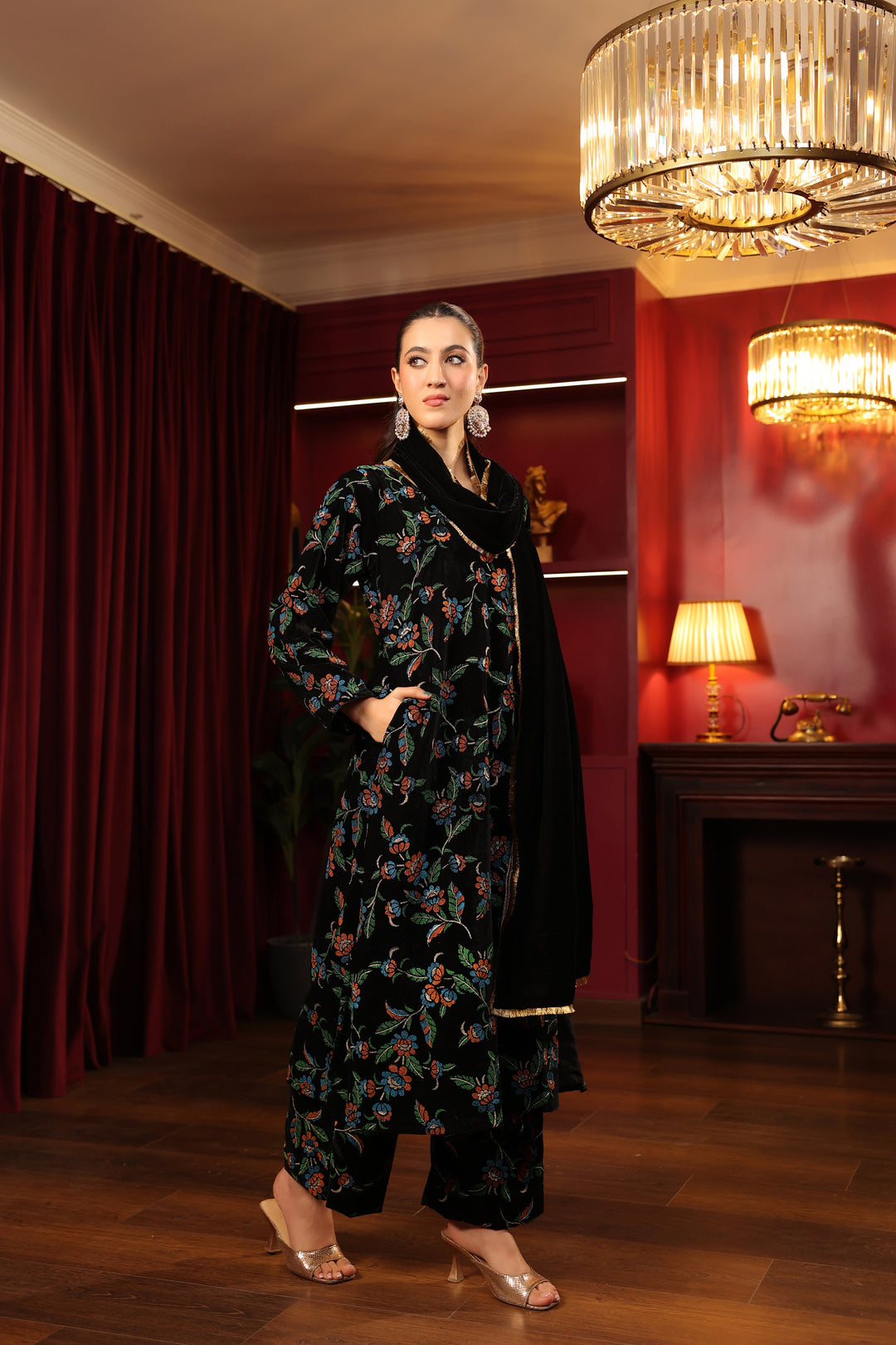 Black Green Printed Velvet A-line Suit Set