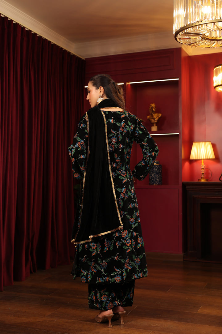 Black Green Printed Velvet A-line Suit Set