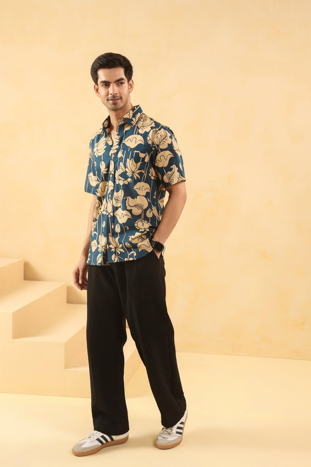 Blue Bud Cotton Half Sleeve Shirt