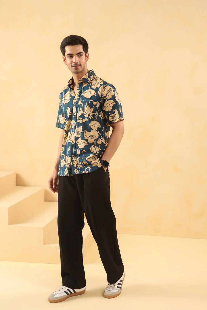 Blue Bud Cotton Half Sleeve Shirt