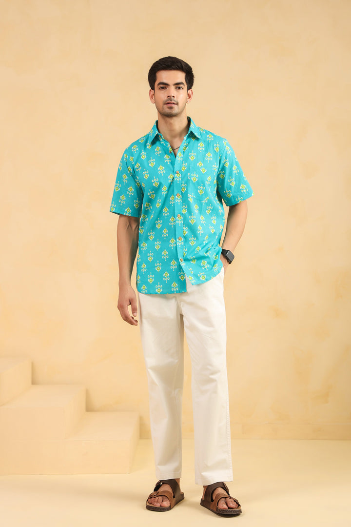 Turquoise Cotton Half Sleeve Shirt