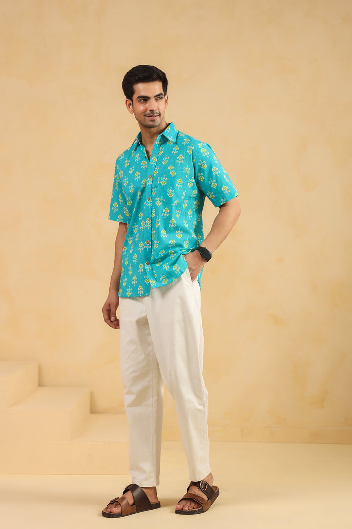 Turquoise Cotton Half Sleeve Shirt