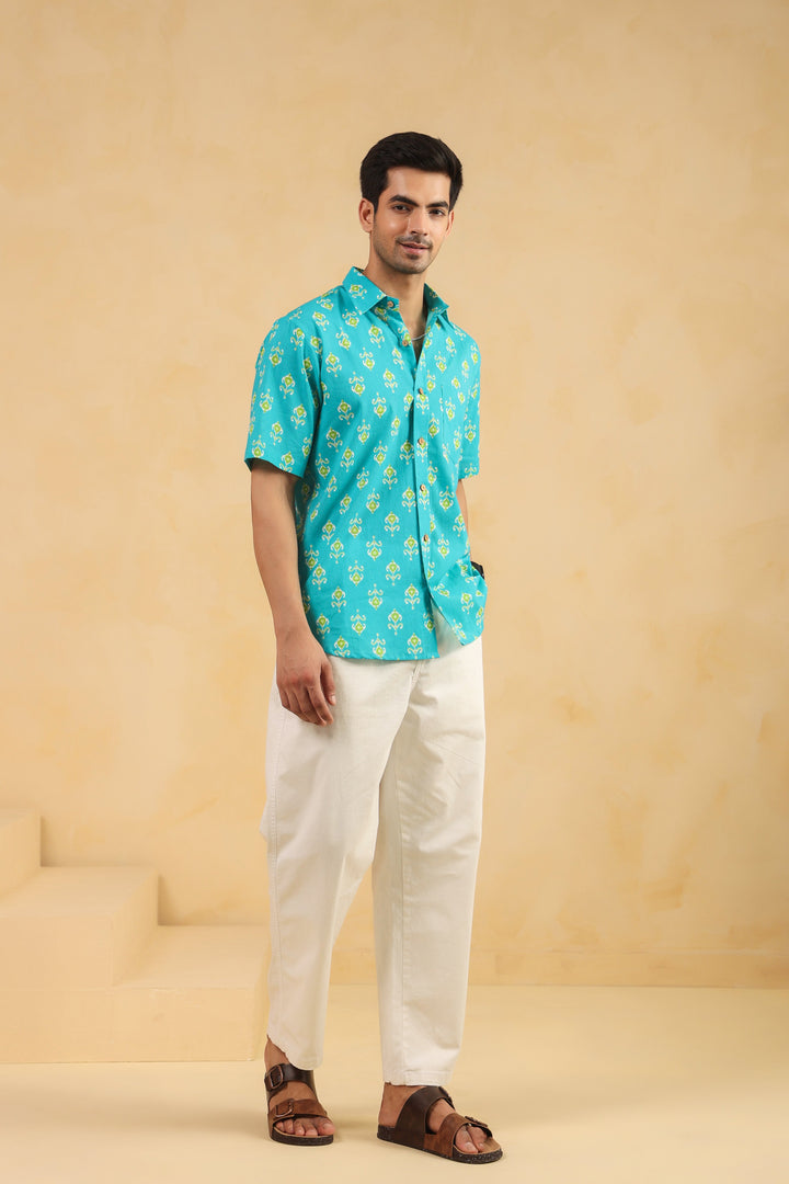 Turquoise Cotton Half Sleeve Shirt