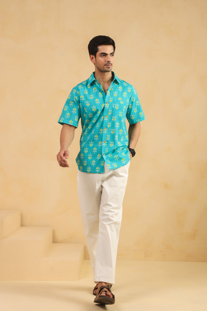 Turquoise Cotton Half Sleeve Shirt