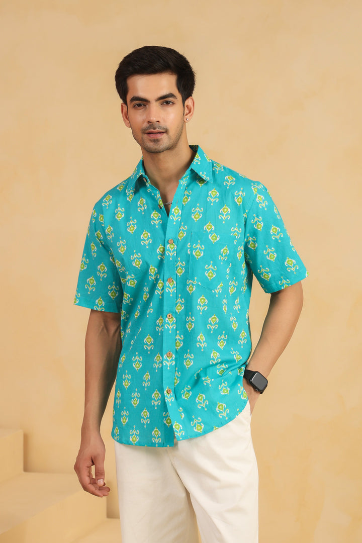 Turquoise Cotton Half Sleeve Shirt