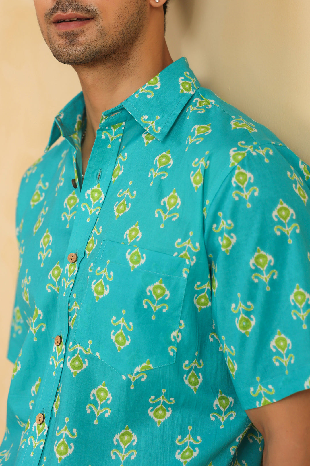 Turquoise Cotton Half Sleeve Shirt