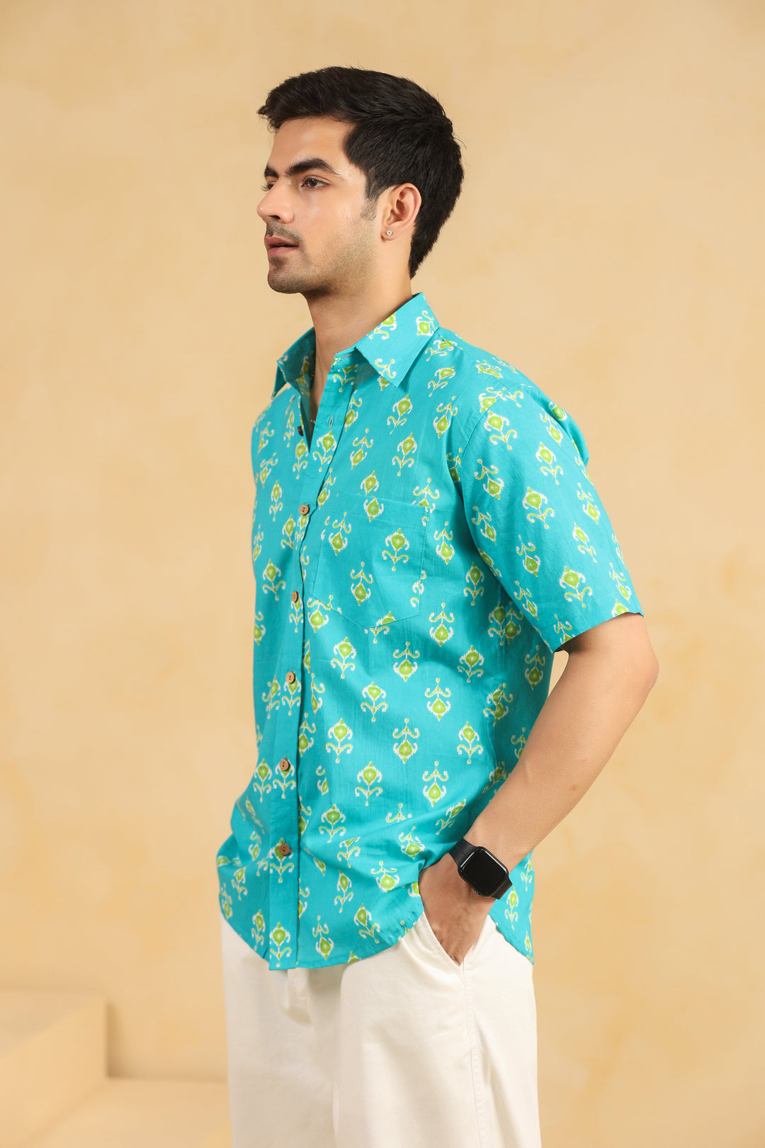 Turquoise Cotton Half Sleeve Shirt