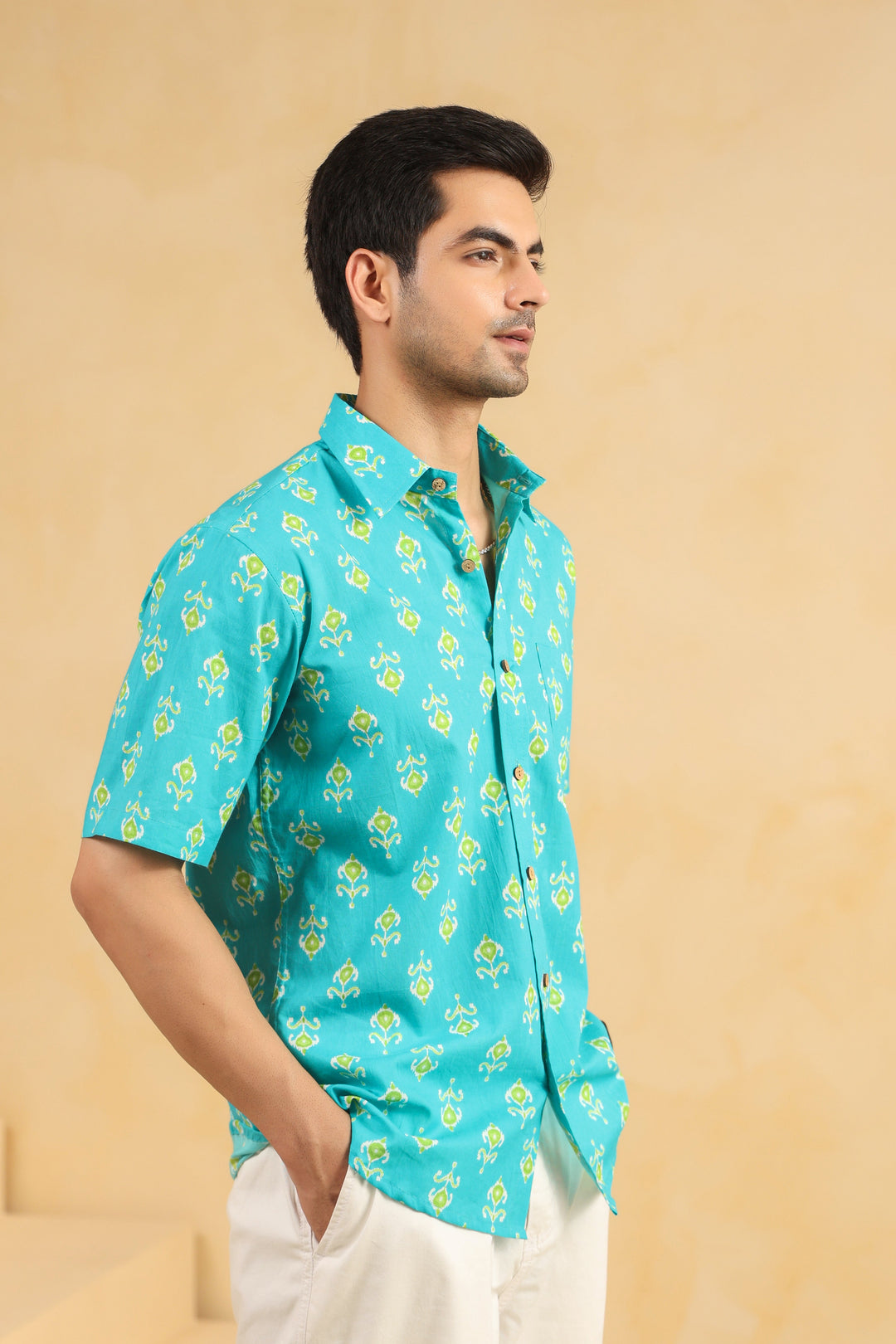 Turquoise Cotton Half Sleeve Shirt
