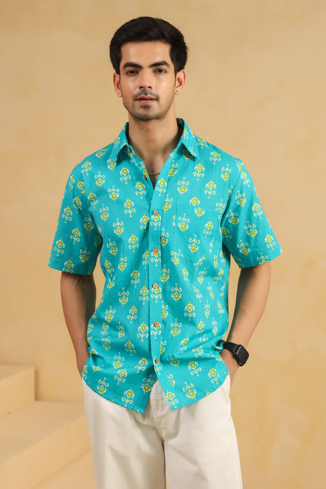 Turquoise Cotton Half Sleeve Shirt