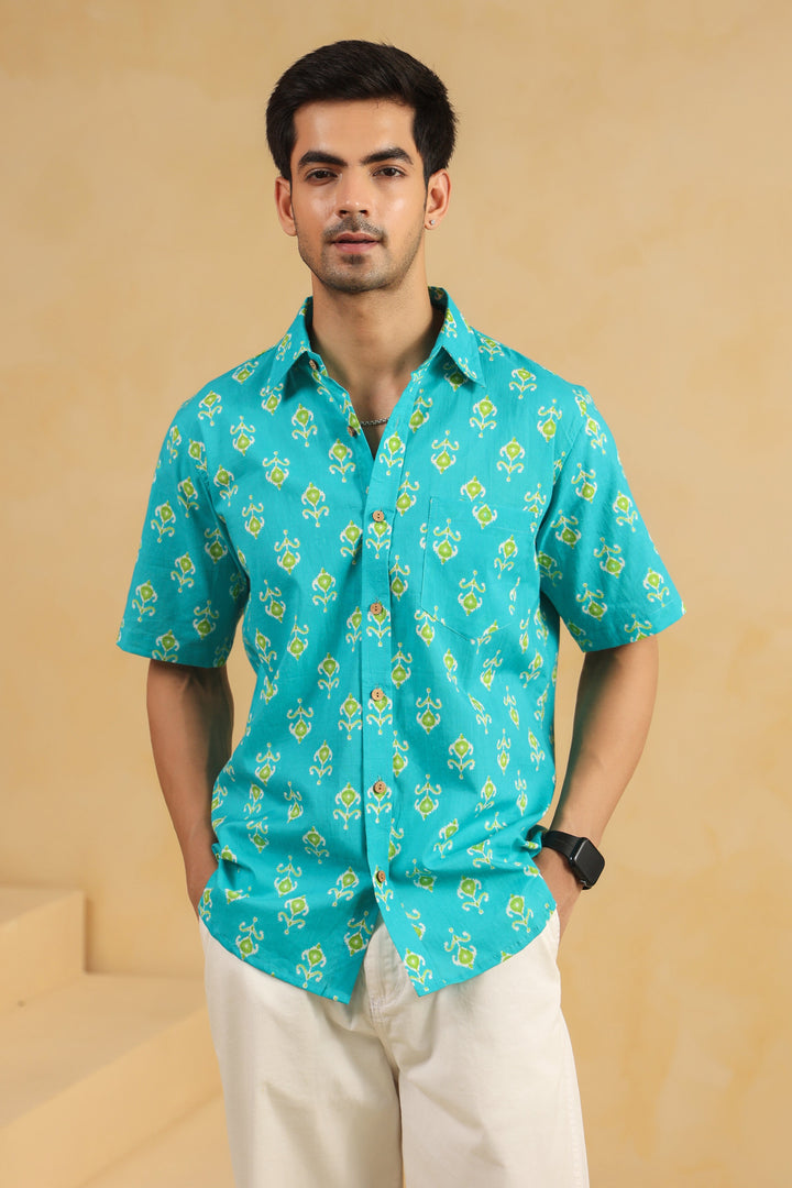 Turquoise Cotton Half Sleeve Shirt