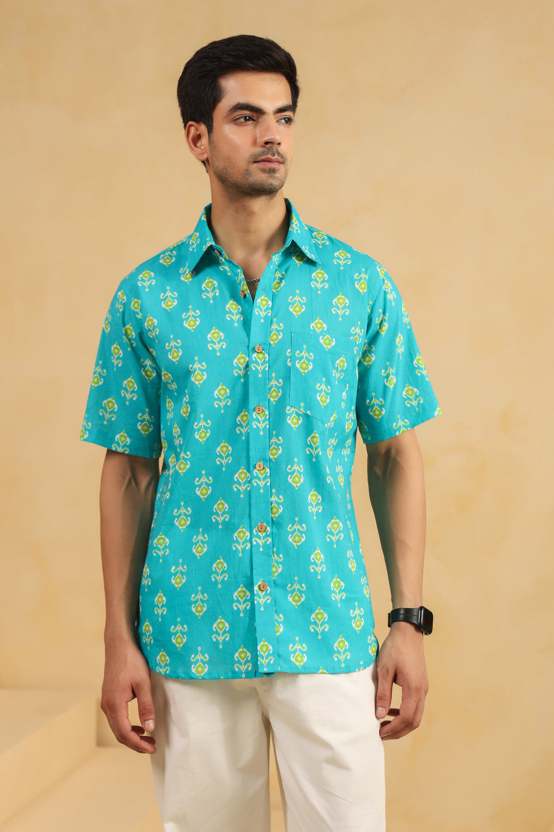 Turquoise Cotton Half Sleeve Shirt