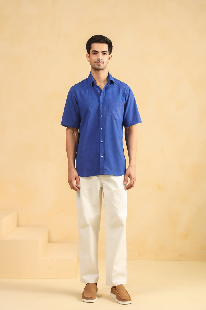 Royal Blue Linen Blend Half Sleeve Shirt