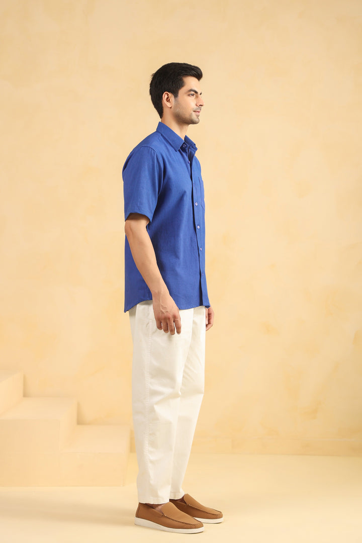 Royal Blue Linen Blend Half Sleeve Shirt