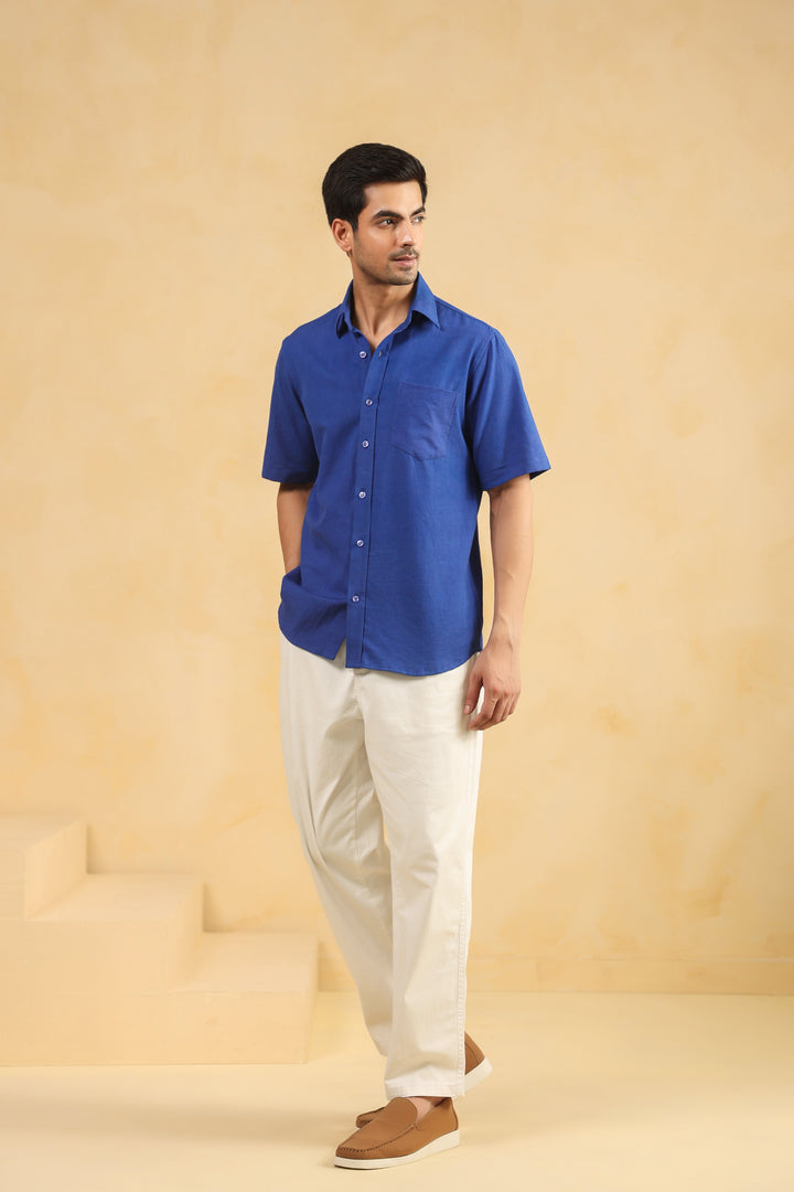 Royal Blue Linen Blend Half Sleeve Shirt