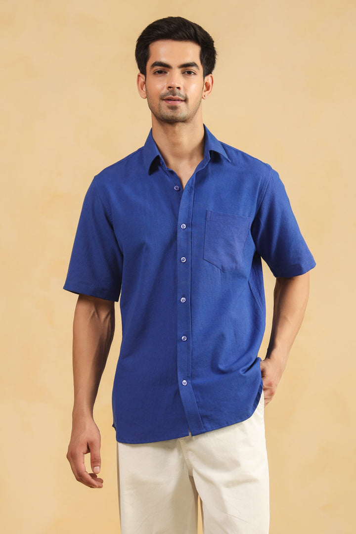 Royal Blue Linen Blend Half Sleeve Shirt