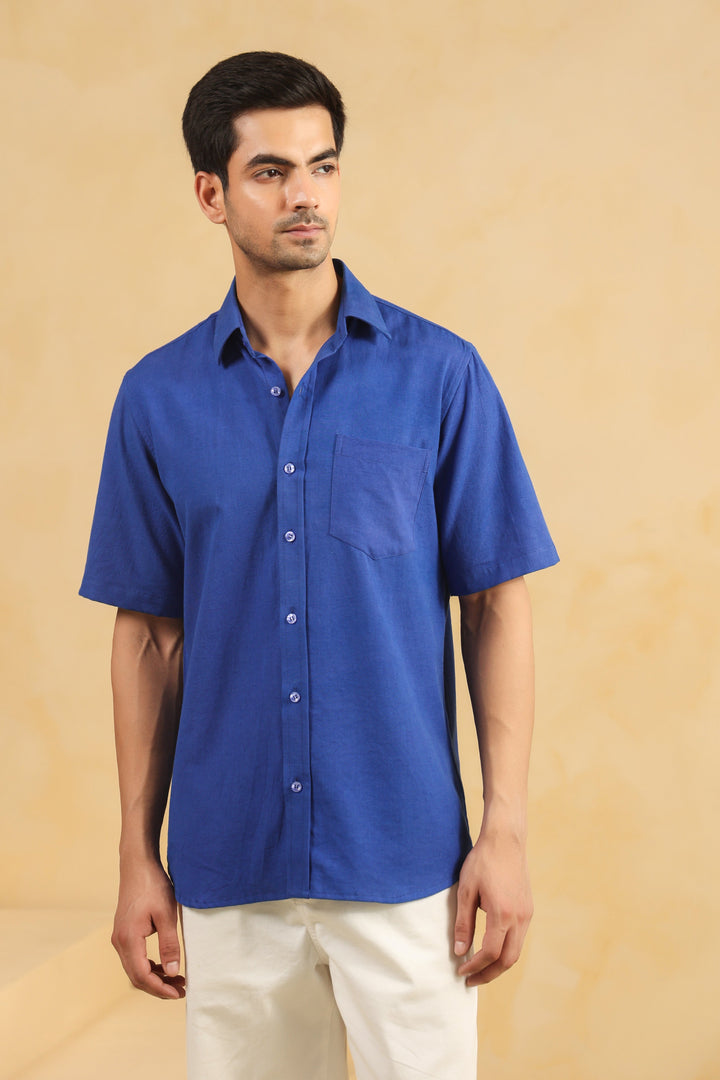 Royal Blue Linen Blend Half Sleeve Shirt