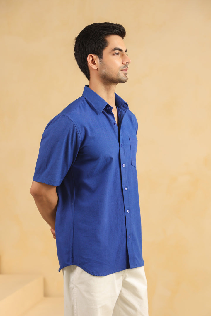 Royal Blue Linen Blend Half Sleeve Shirt