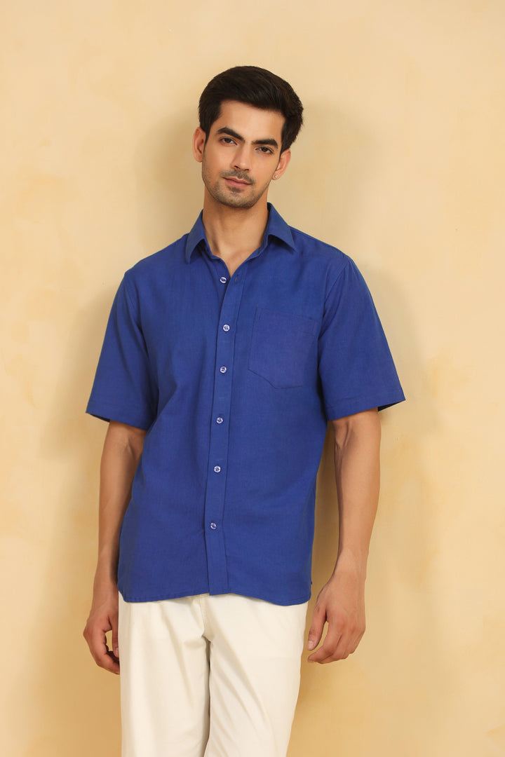 Royal Blue Linen Blend Half Sleeve Shirt