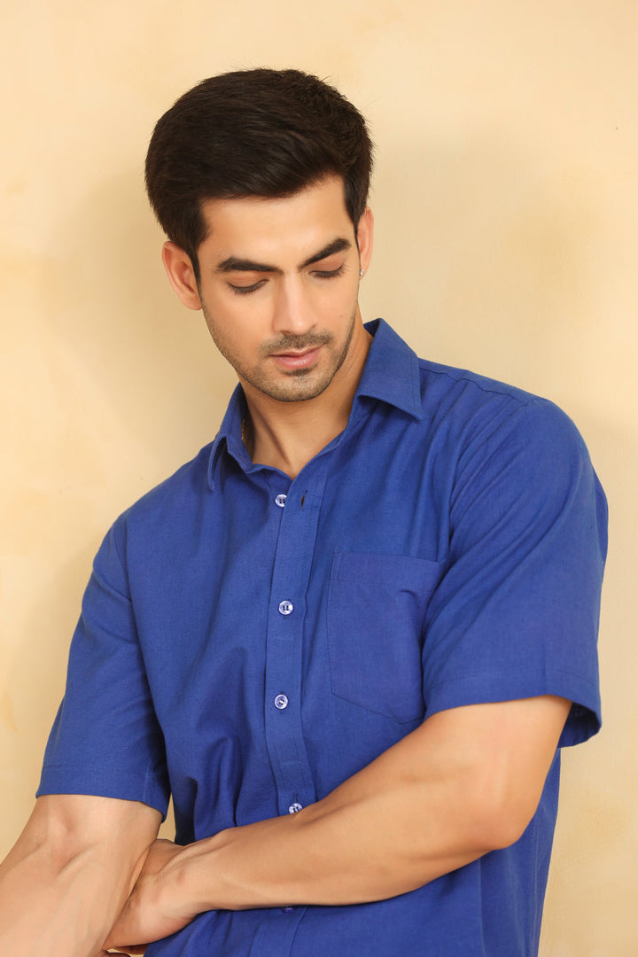 Royal Blue Linen Blend Half Sleeve Shirt