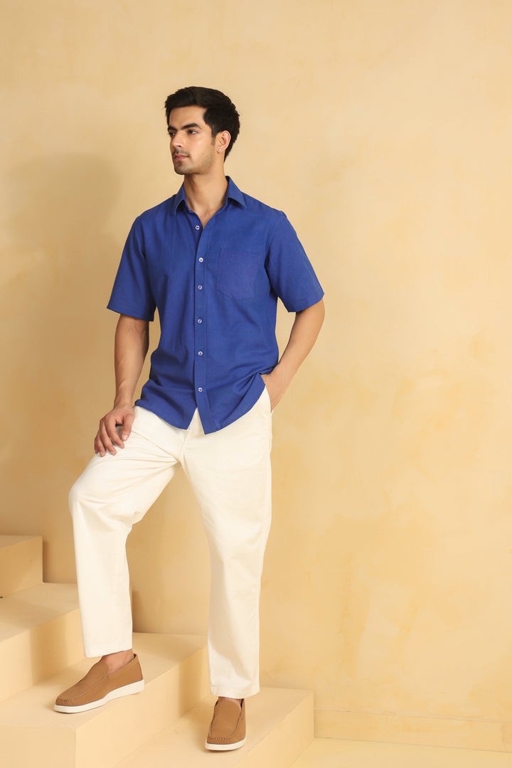 Royal Blue Linen Blend Half Sleeve Shirt