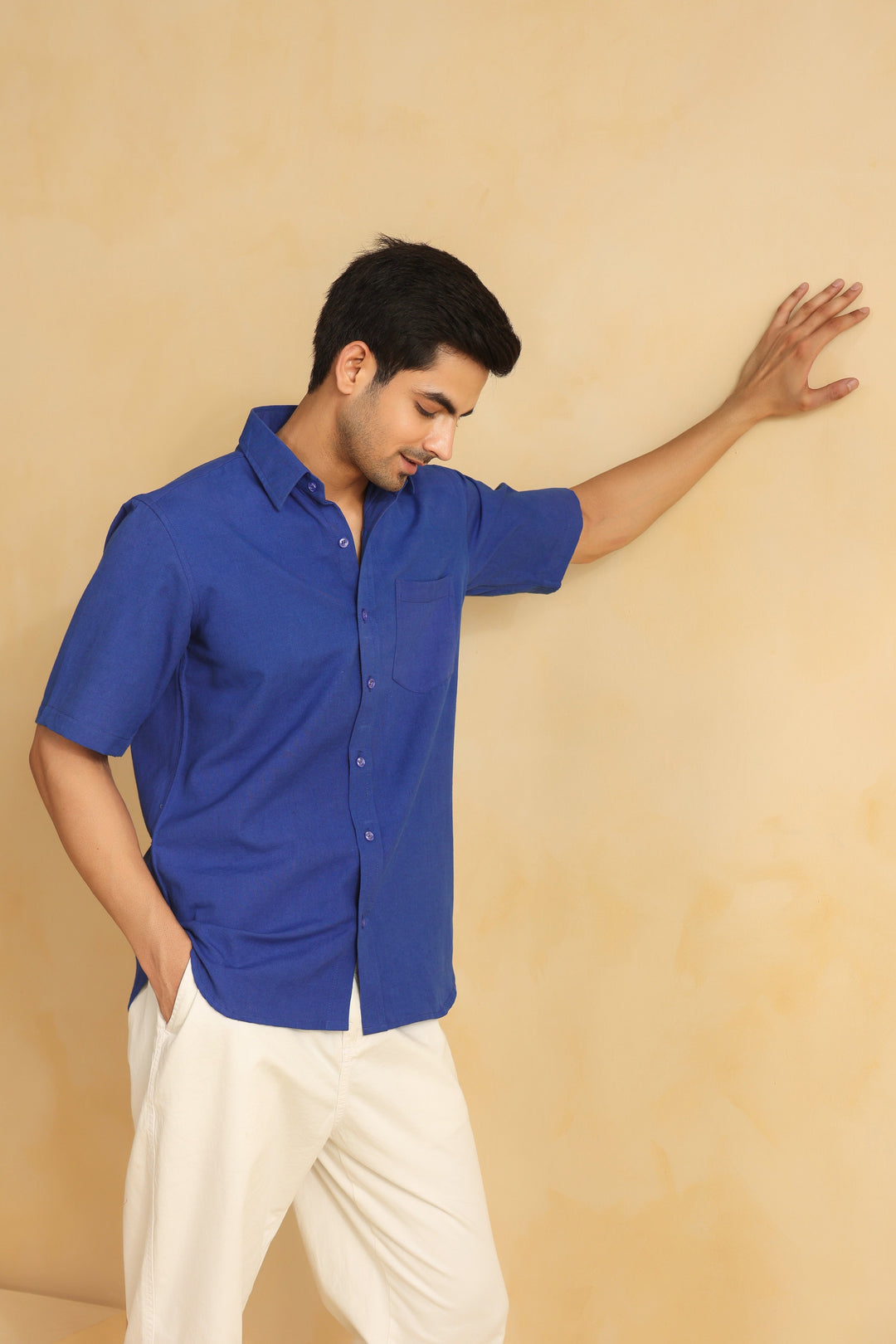 Royal Blue Linen Blend Half Sleeve Shirt