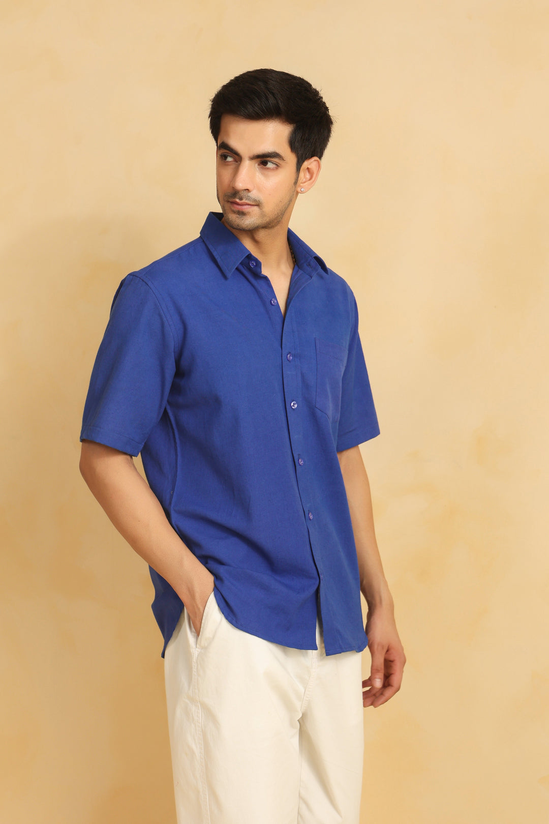 Royal Blue Linen Blend Half Sleeve Shirt