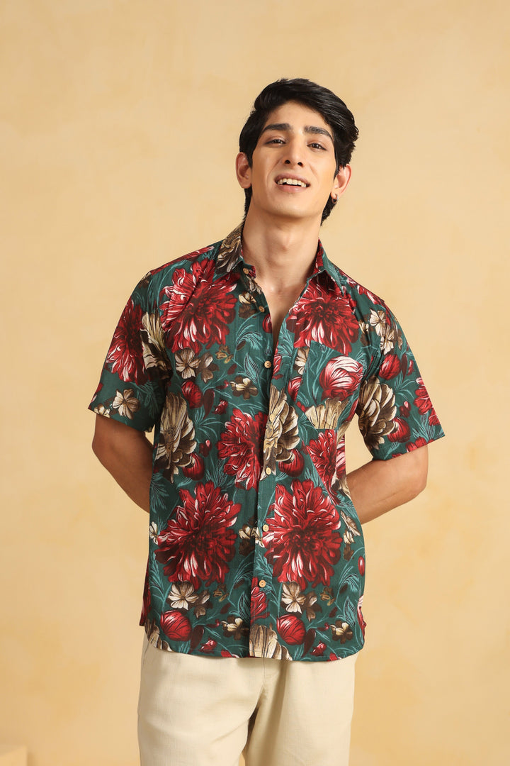 Turquoise Red Printed Half Sleeve Cotton Shirt