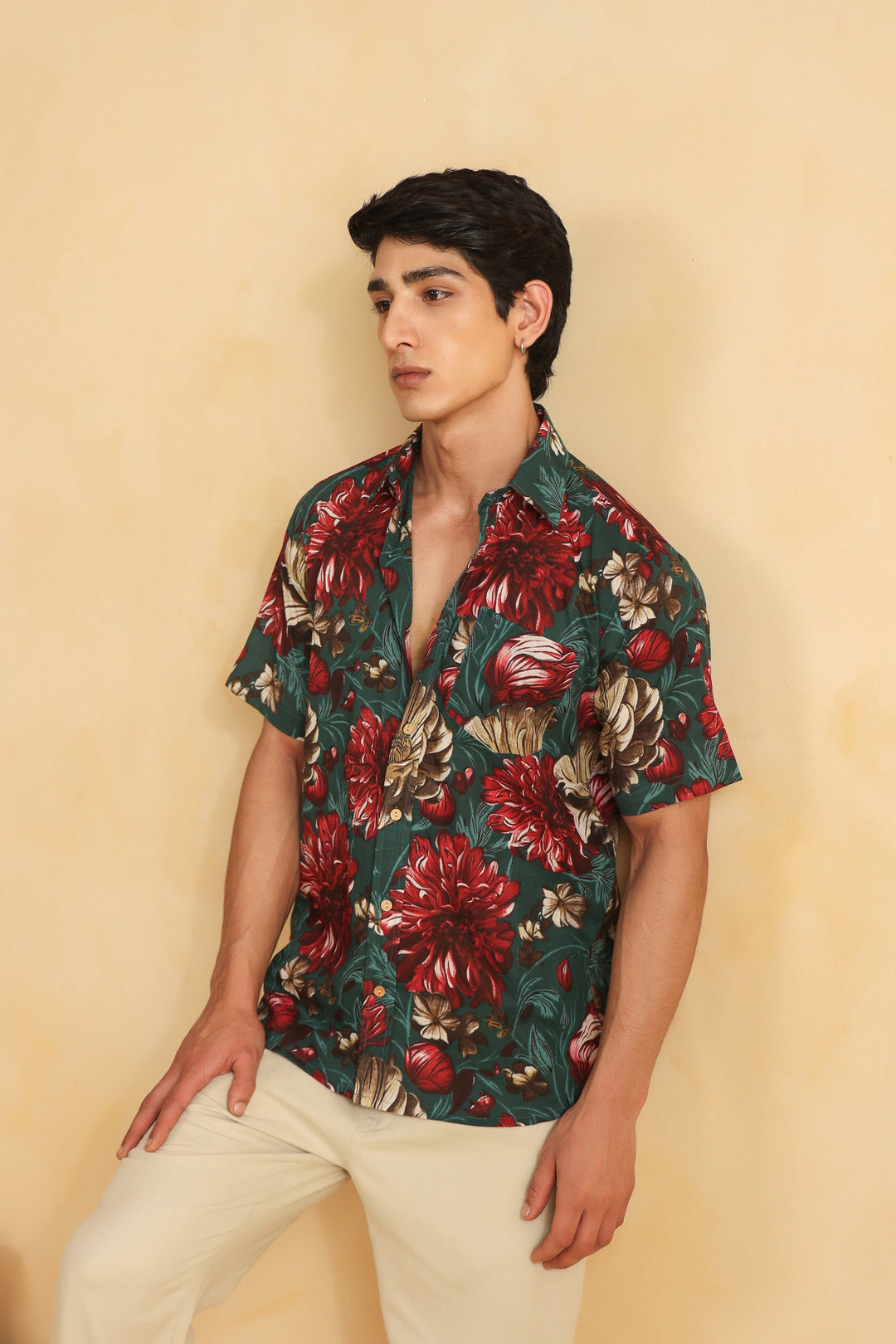 Turquoise Red Printed Half Sleeve Cotton Shirt