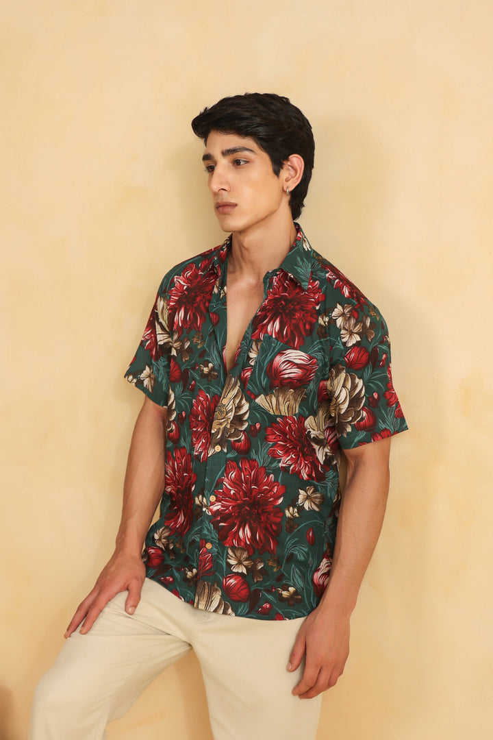 Turquoise Red Printed Half Sleeve Cotton Shirt