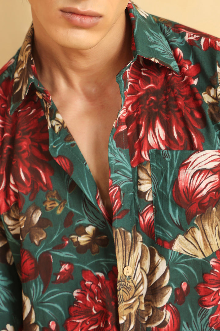 Turquoise Red Printed Half Sleeve Cotton Shirt