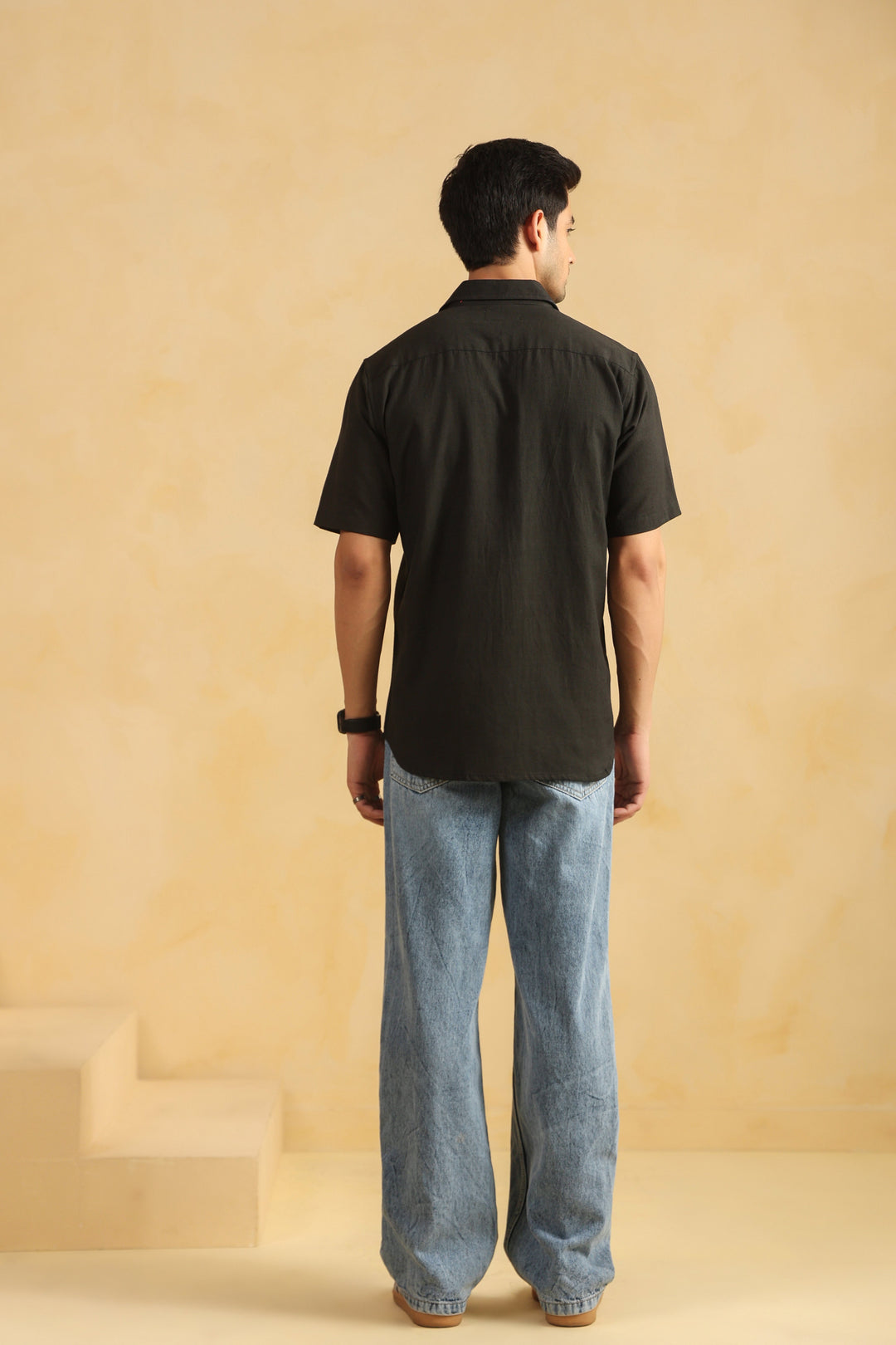 Black Linen Blend Half Sleeve Shirt