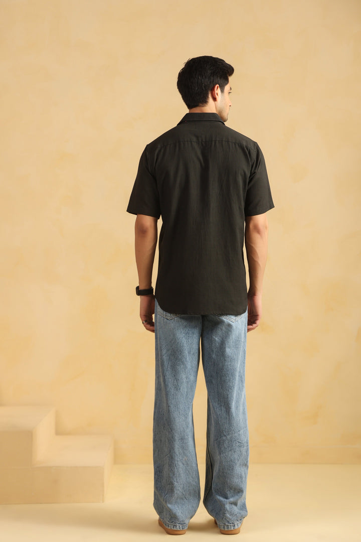 Black Linen Blend Half Sleeve Shirt